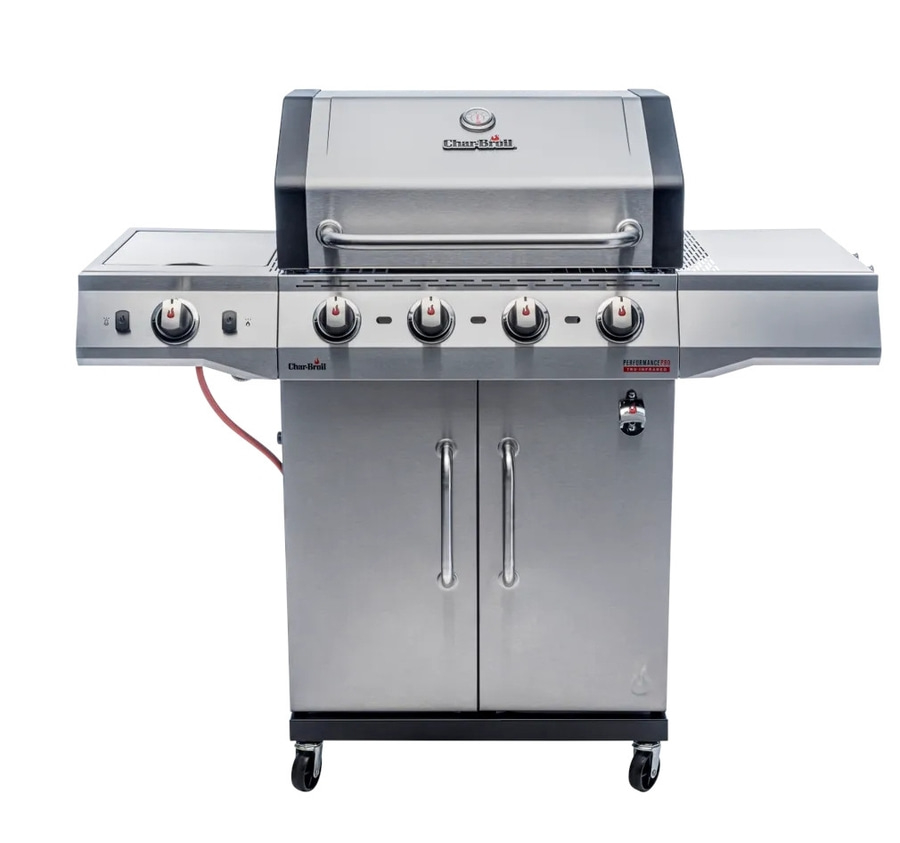 Edelstahl-Gasgrill mit Thermometer und Schrank. Char-Broil Performance Pro.