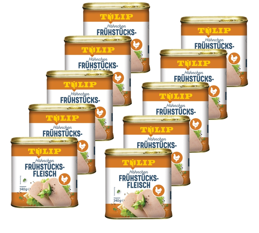 Dosen mit Hähnchen Frühstücksfleisch, Marke Tulip, 340g, Serviervorschlag