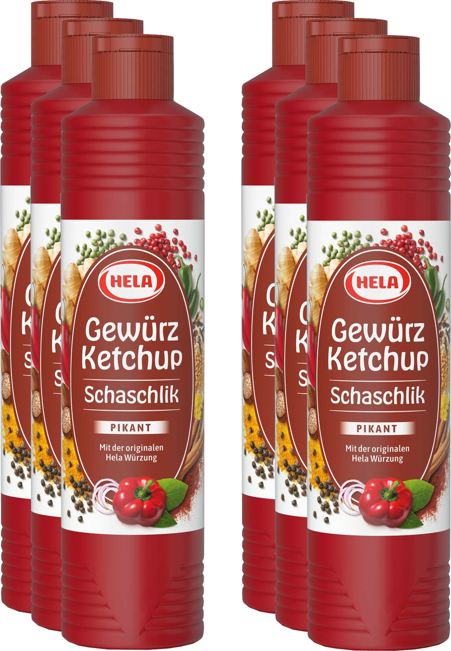 6 x Hela Ketchup Schaschlik pikant Gewürzketchup 800 ml Flasche Ketchupflasche
