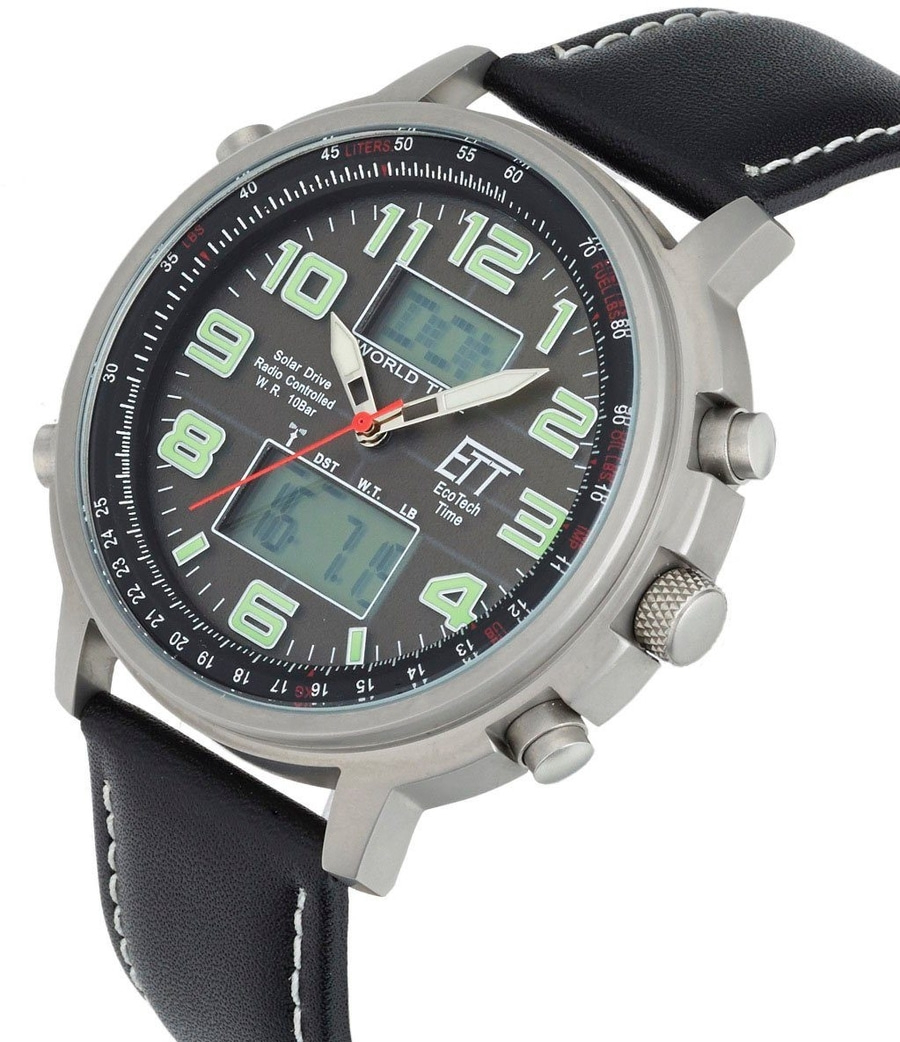 Uhr mit schwarzem Zifferblatt und Lederarmband, Digitalanzeige, EcoTech Time