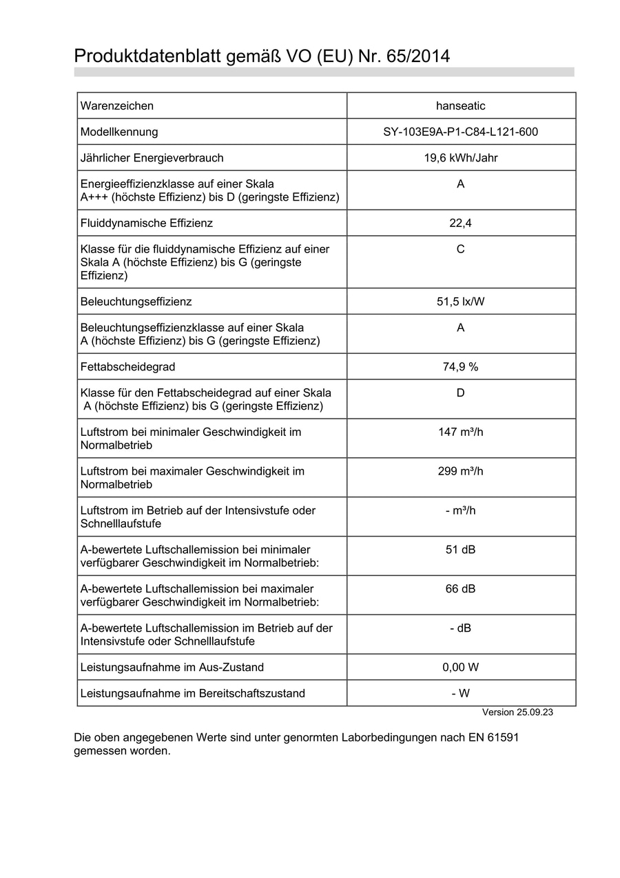 HANSEATIC Kopffreihaube SY-103E9A-P1-C84-L121-600 Dunstabzugshaube B-WARE