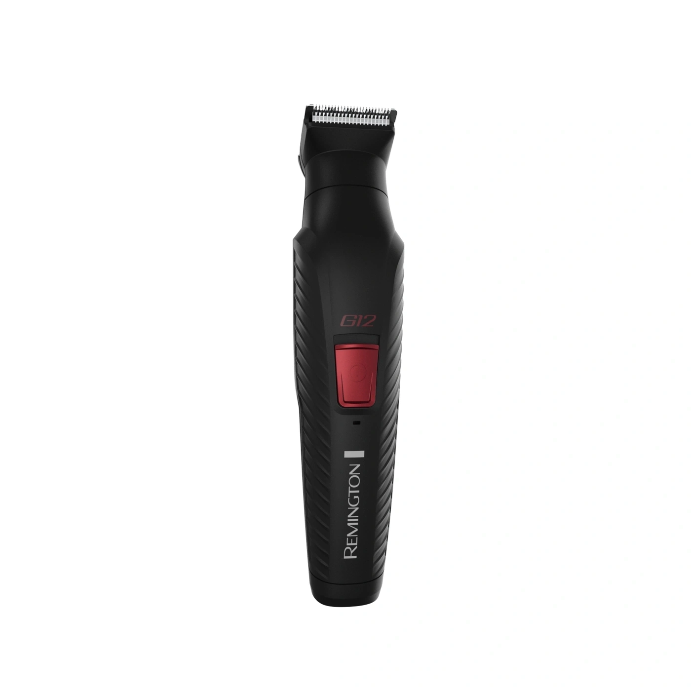 Schwarzer Rasierer mit rotem Knopf und der Aufschrift Remington G12.