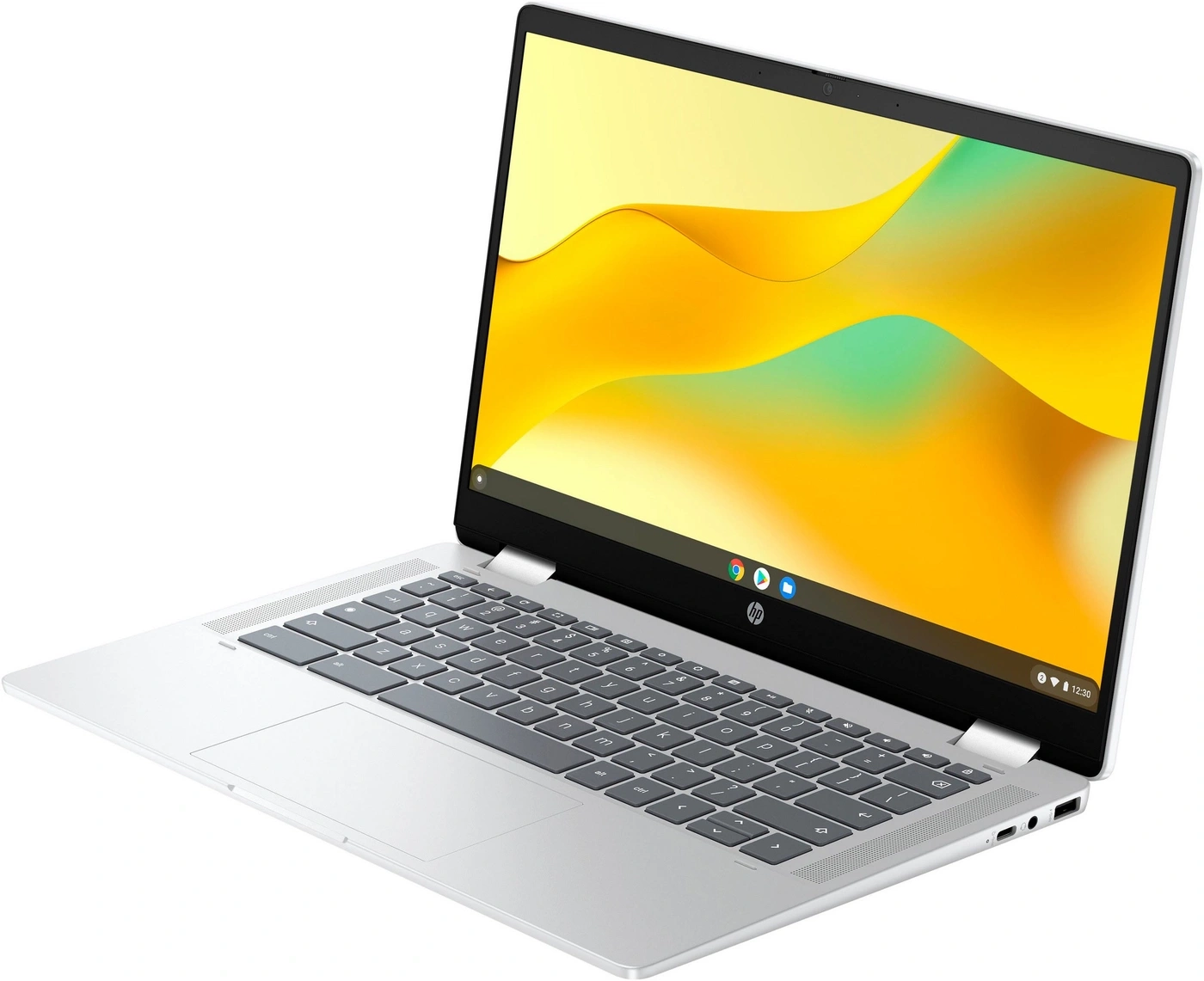 Ein silberner HP Chromebook mit Tastatur und Bildschirm wird auf weißem Hintergrund gezeigt.