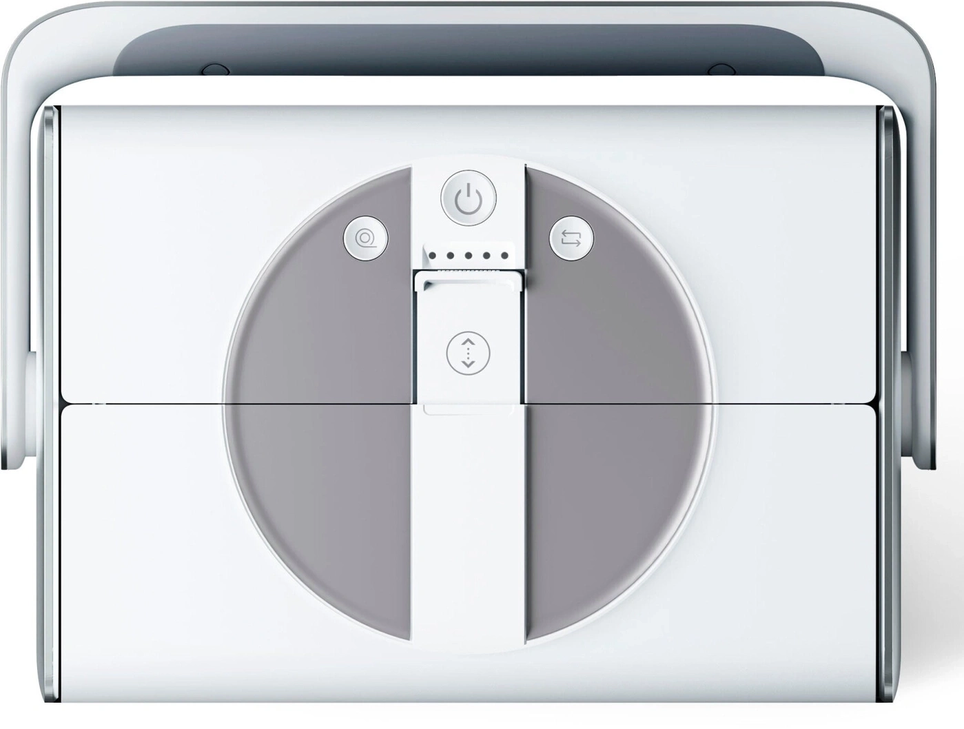 Ein Fensterputzroboter mit einem runden Bedienfeld und Bedienelementen oben.