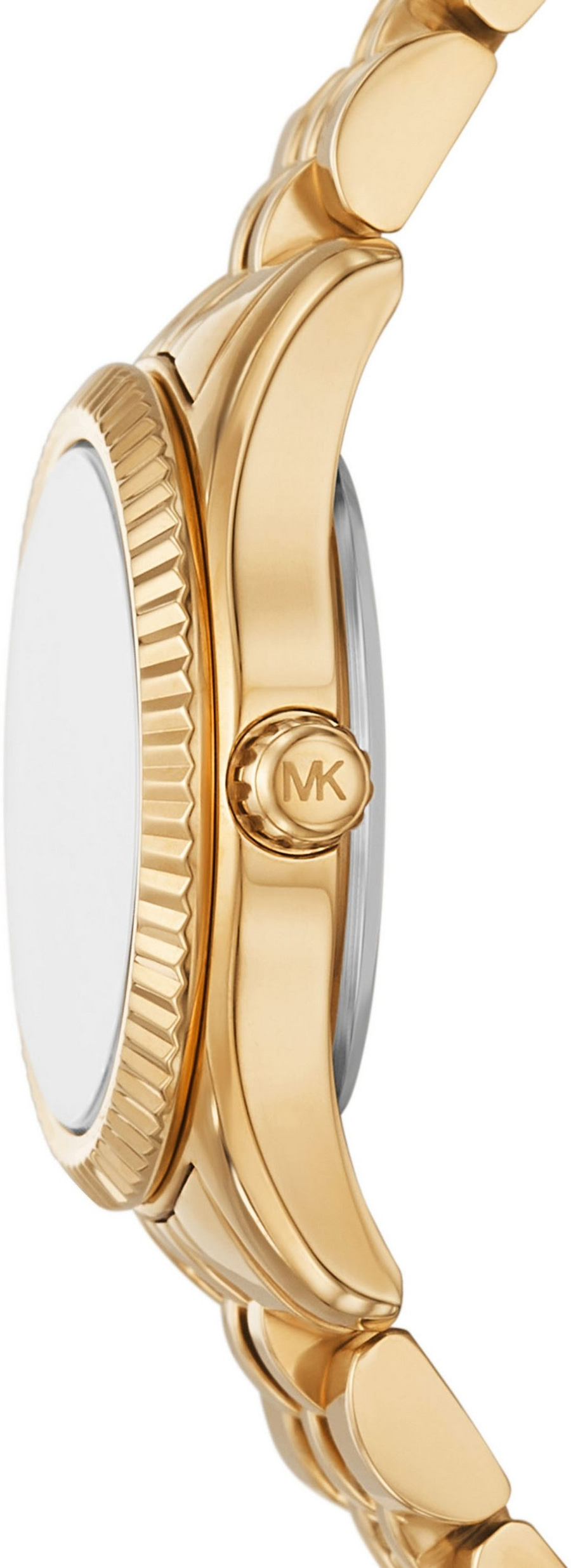 Goldene Michael Kors Uhr mit MK Logo auf der Krone und geriffeltem Rand.