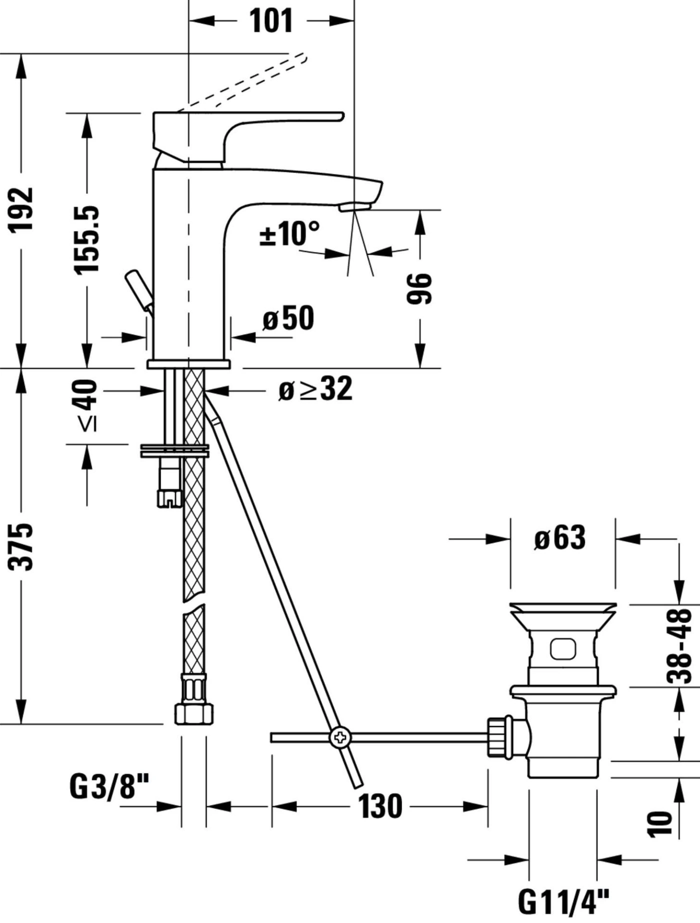 Wasserhahn-Diagramm mit Abmessungen, einschließlich Durchmesser, Höhe und Gewindegrößen.