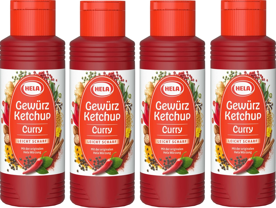 4 x Hela Ketchup Curry leicht scharf Gewürzketchup 300 ml Flasche Ketchupflasche
