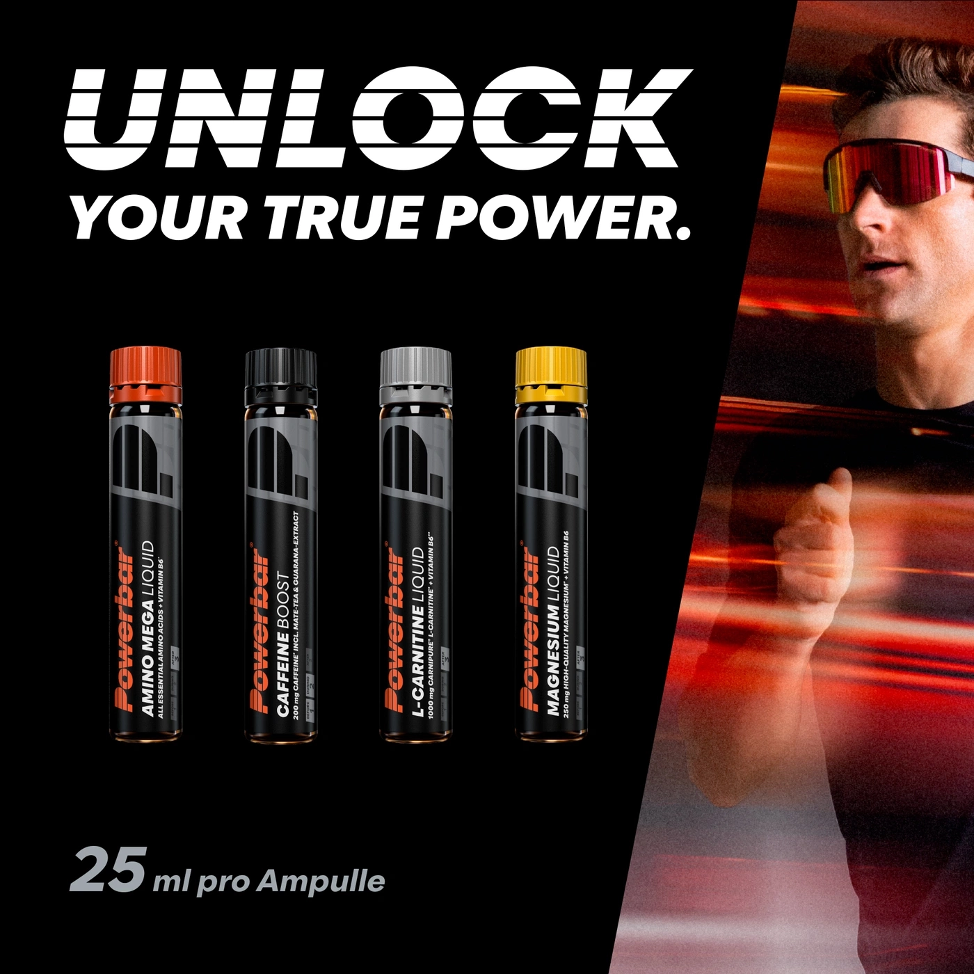 Vier Powerbar-Ampullen, ein Läufer mit Sonnenbrille und der Schriftzug "UNLOCK YOUR TRUE POWER."