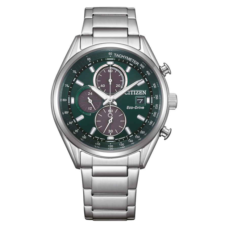 Citizen-Uhr mit grünem Zifferblatt und silbernem Armband, Eco-Drive-Technologie.