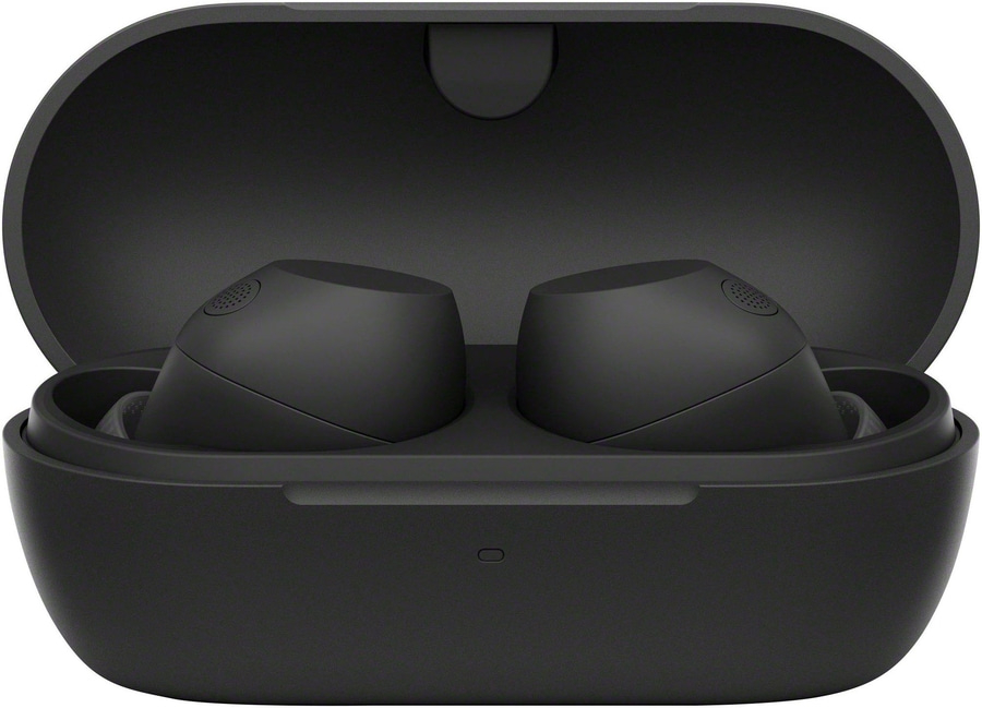 Schwarze kabellose Kopfhörer in einer Ladebox