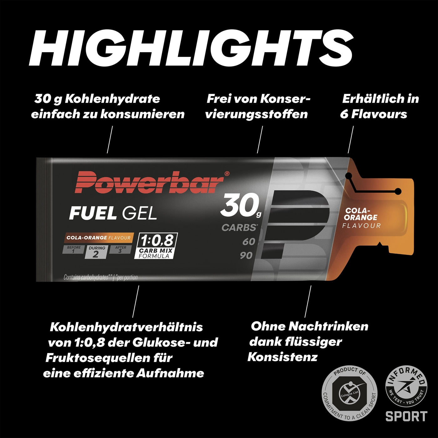 POWERBAR Kohlenhydratgel Fuel 30Gel Black Line Cola-Orange Kohlenhydrate 12x50ml