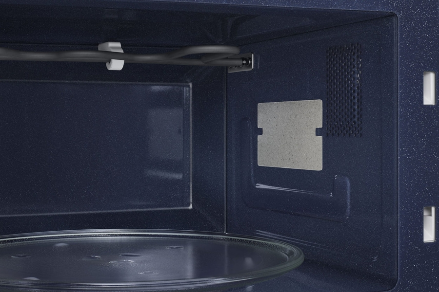 Mikrowelle Innenraum mit Glasplatte und Heizungselement, blau