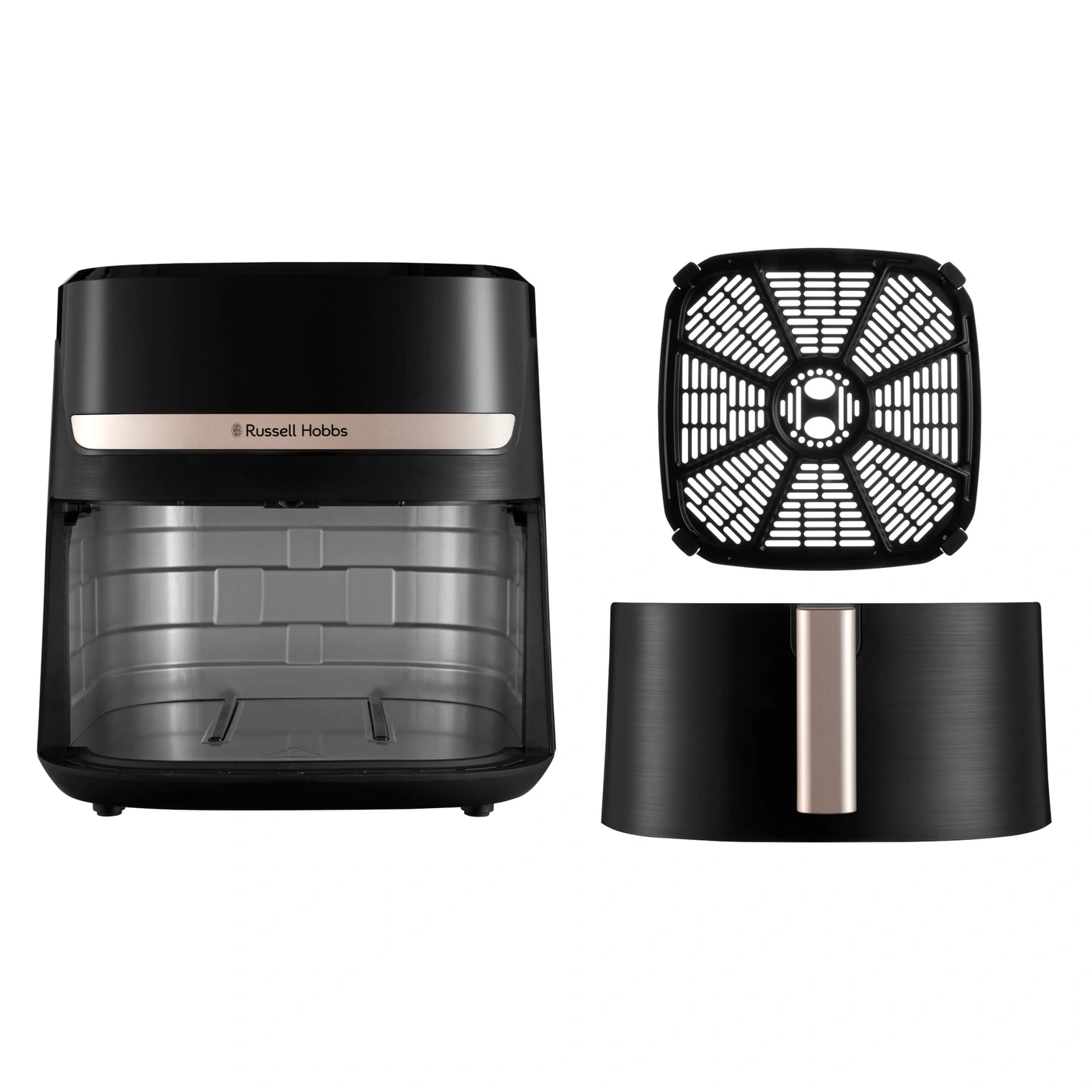 Ein schwarzer Russell Hobbs Heißluftfritteusen-Set mit Einsatz und Korb.