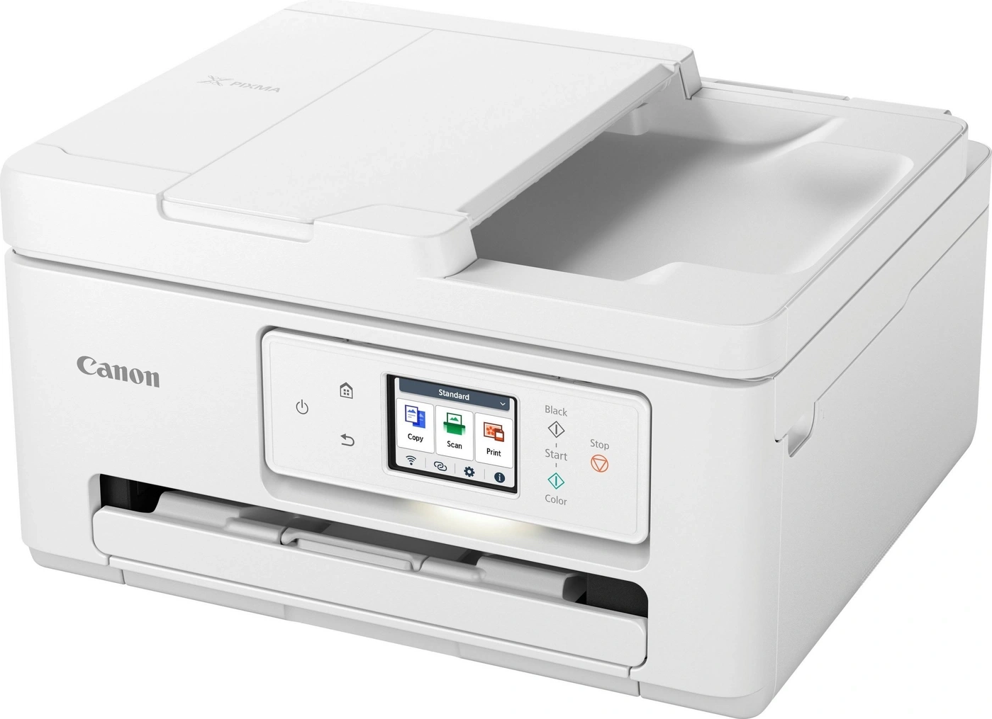 Weißer Canon Pixma Drucker mit Bedienfeld und Scan-Funktion. Kopieren, Scannen und Drucken.