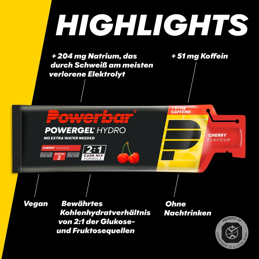 POWERBAR PowerGel Hydro Cherry High Carb Energie Gel Natrium Koffein 24 x 67 ml