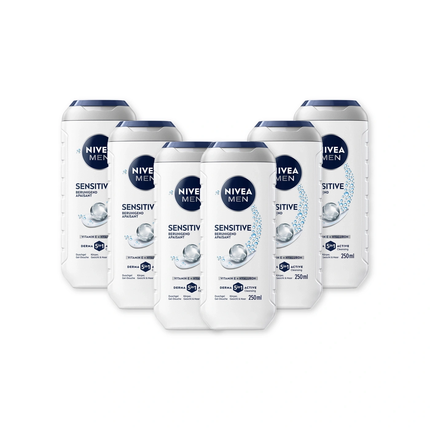Sechs Nivea Men Sensitive Duschgel-Flaschen auf weißem Hintergrund.