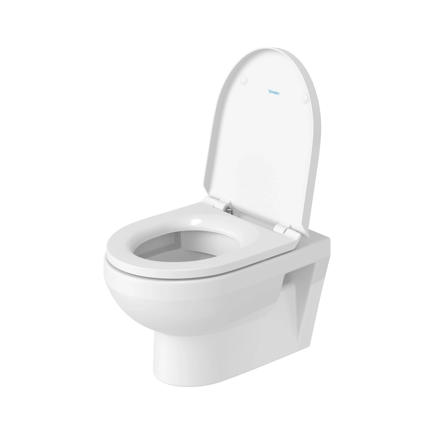 Ein weißes Wand-WC mit offenem Deckel, das Duravit-Logo ist sichtbar.