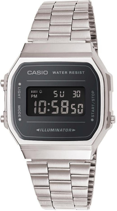 Casio Digitaluhr mit Edelstahlarmband, Anzeige von Uhrzeit und Datum, beleuchtetes Display.