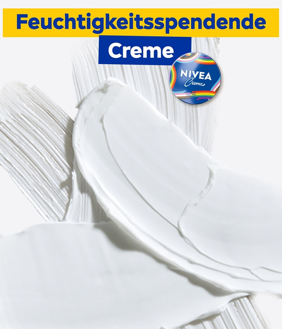 Feuchtigkeitsspendende Creme von Nivea mit Regenbogen-Logo auf weißem Hintergrund