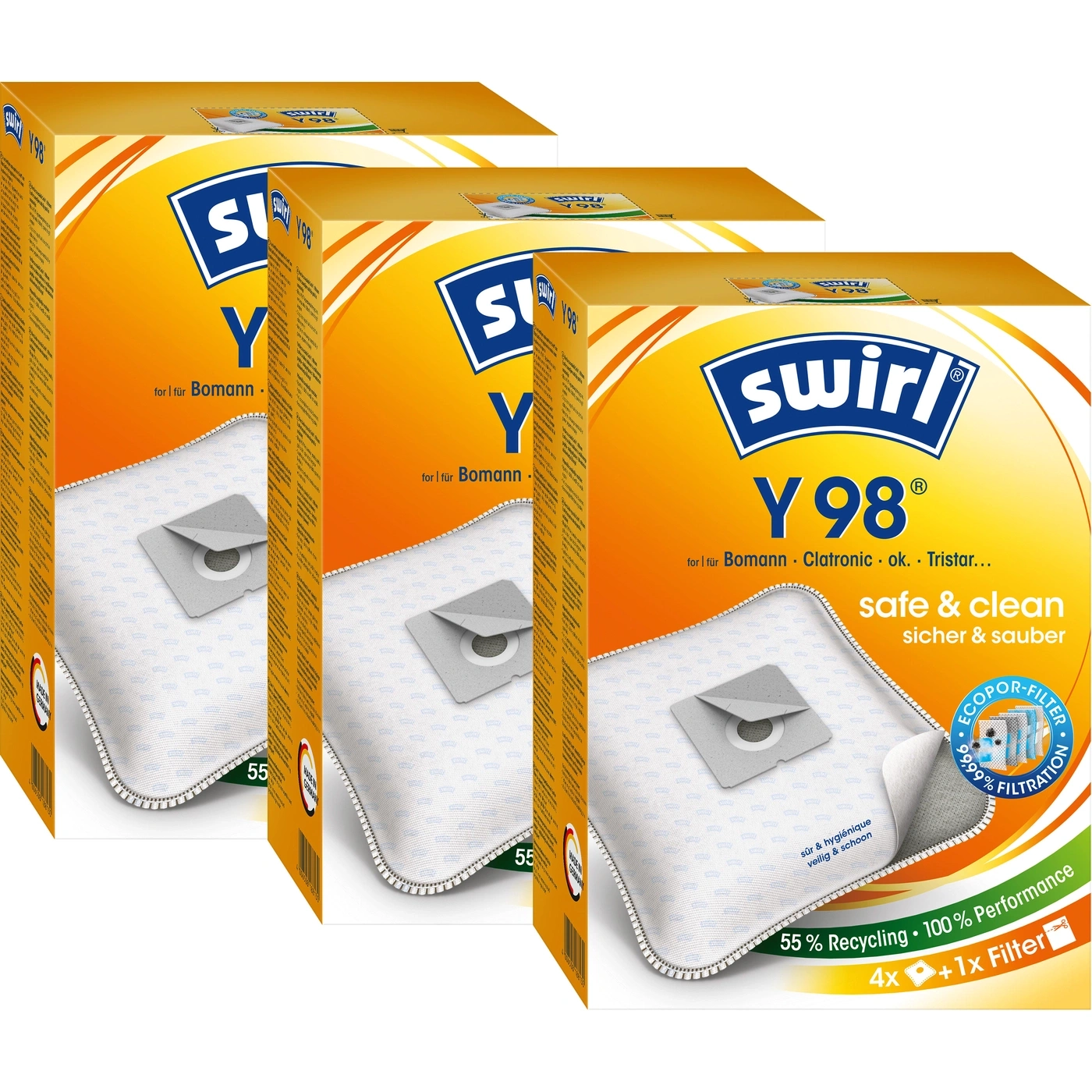 Staubsaugerbeutel Swirl Y98, 3er-Pack, für Bomann, Clatronic, ok., Tristar, sicher und sauber