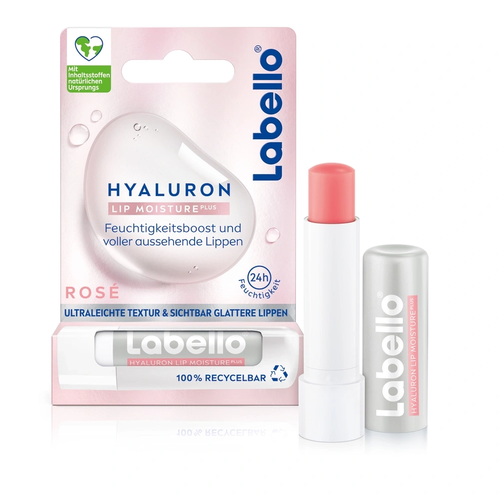 Labello Lippenpflege mit Hyaluron, Feuchtigkeit, Rosé, recycelbar, natürliche Inhaltsstoffe