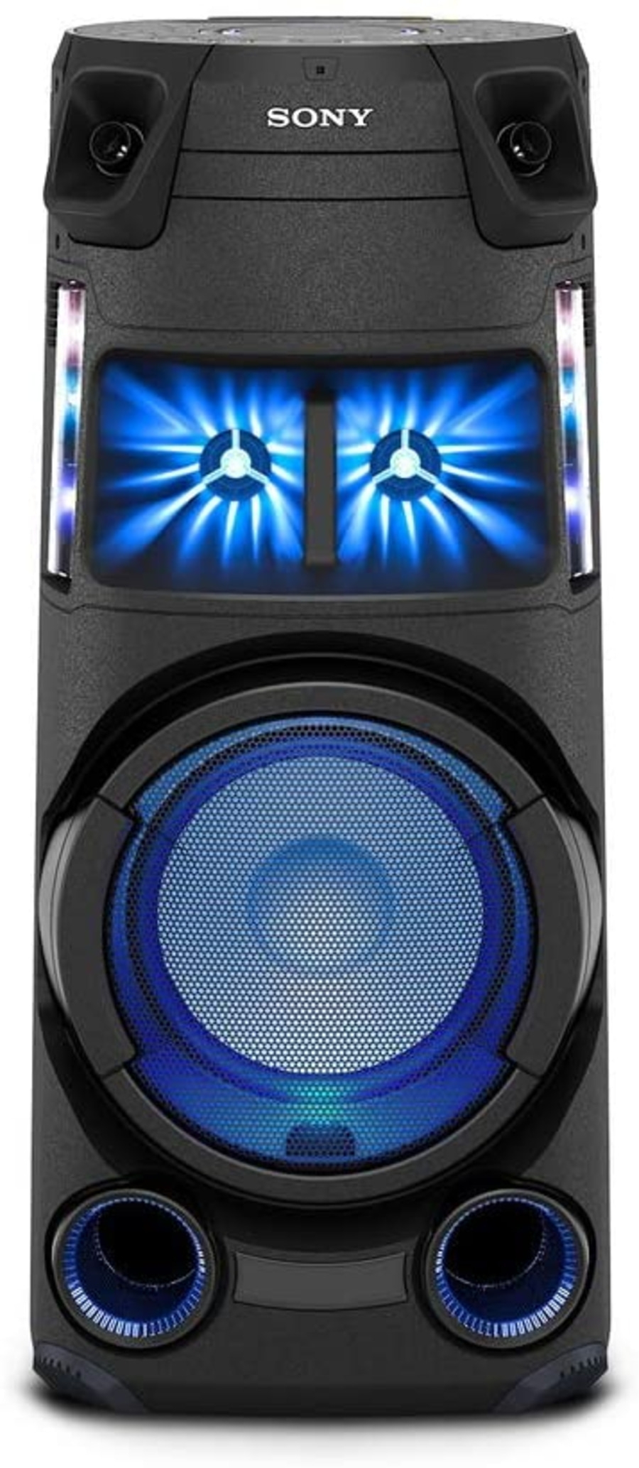 Schwarzer Sony-Lautsprecher mit blauen Lichtern und Lautsprechern für Musik.