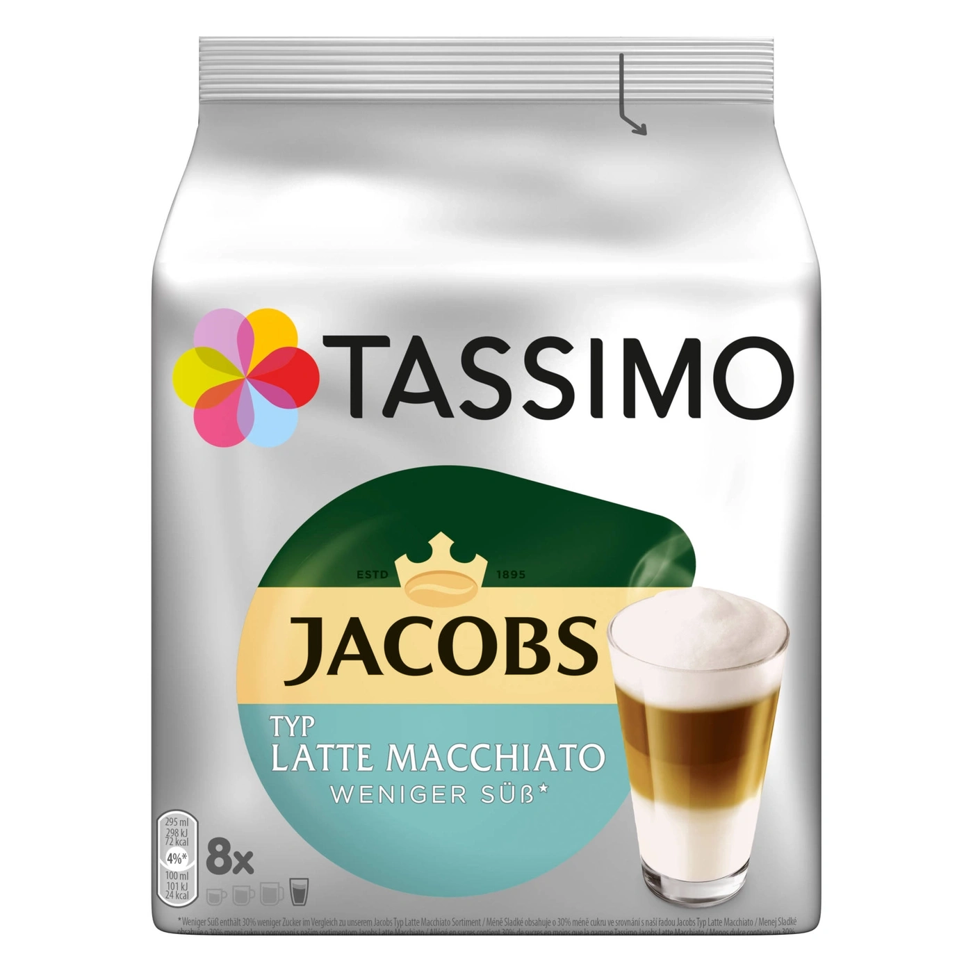 Tassimo Jacobs Latte Macchiato, weniger Zucker, 8 Kapseln, Kaffeegetränk