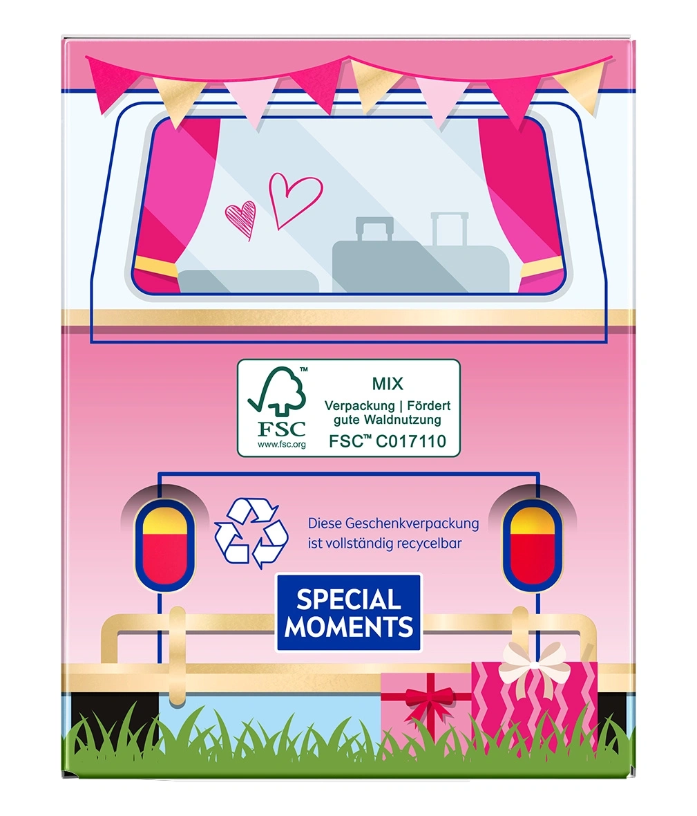 Eine rosa Wohnmobil-Verpackung mit Herzen und Geschenken.