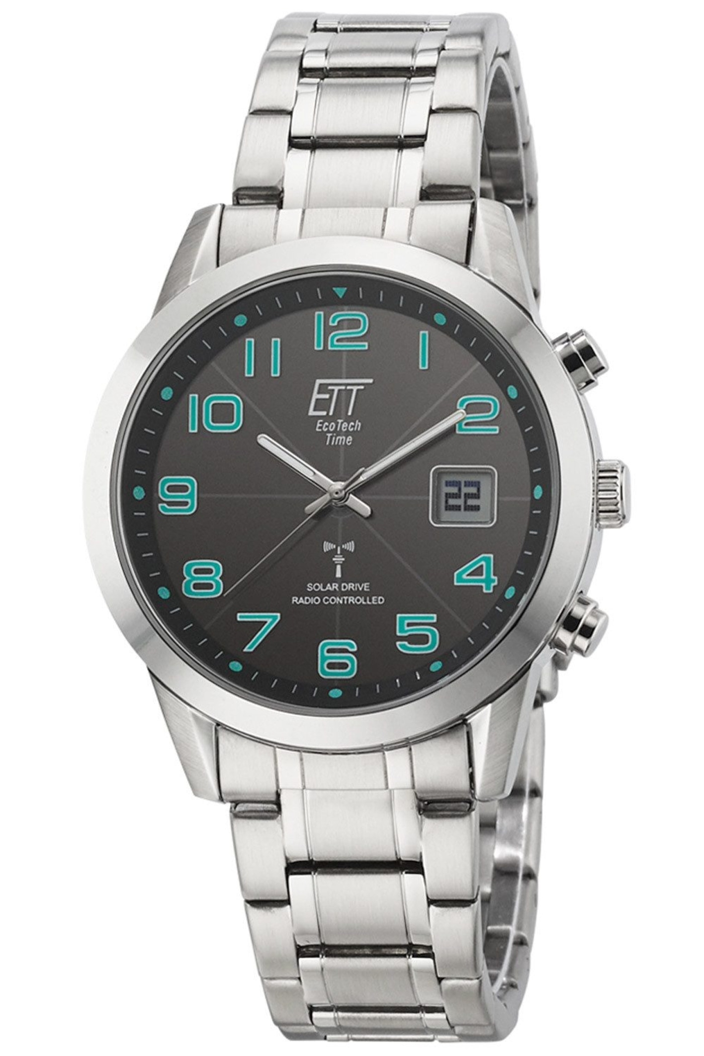 ETT Herren Armbanduhr Funk Solar Uhr Silber Schwarz Edelstahl Analog 5 bar 41mm