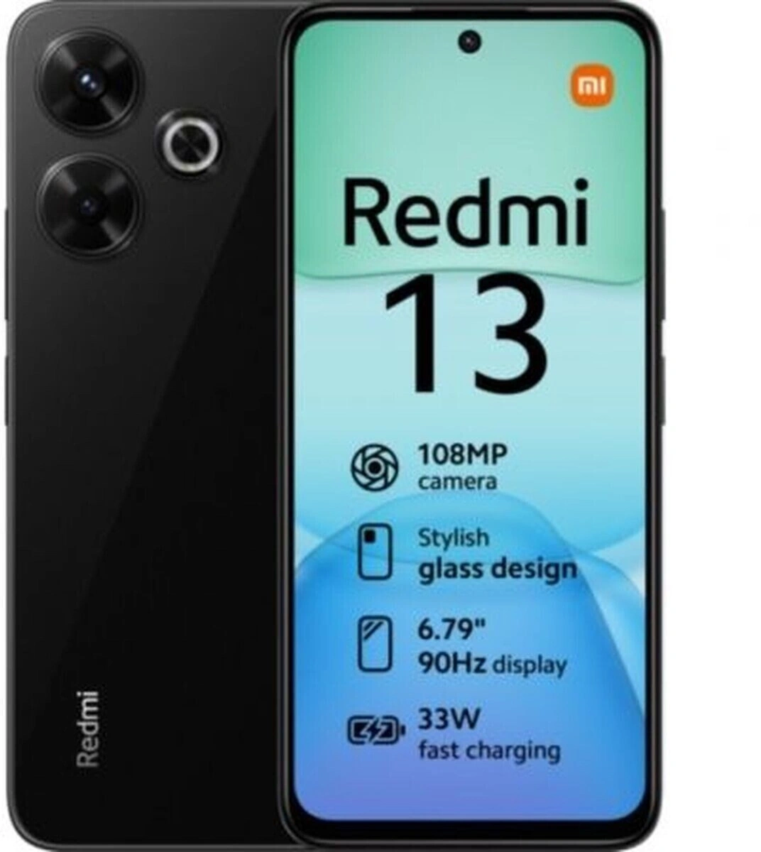 Ein schwarzes Redmi 13 Handy mit drei Kameras und einem 108 MP Display