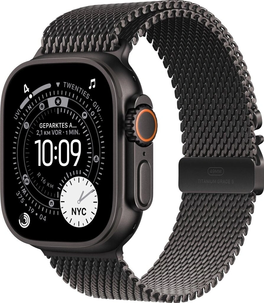 Eine Apple Watch Ultra mit schwarzem Milanaise-Armband und dunklem Zifferblatt
