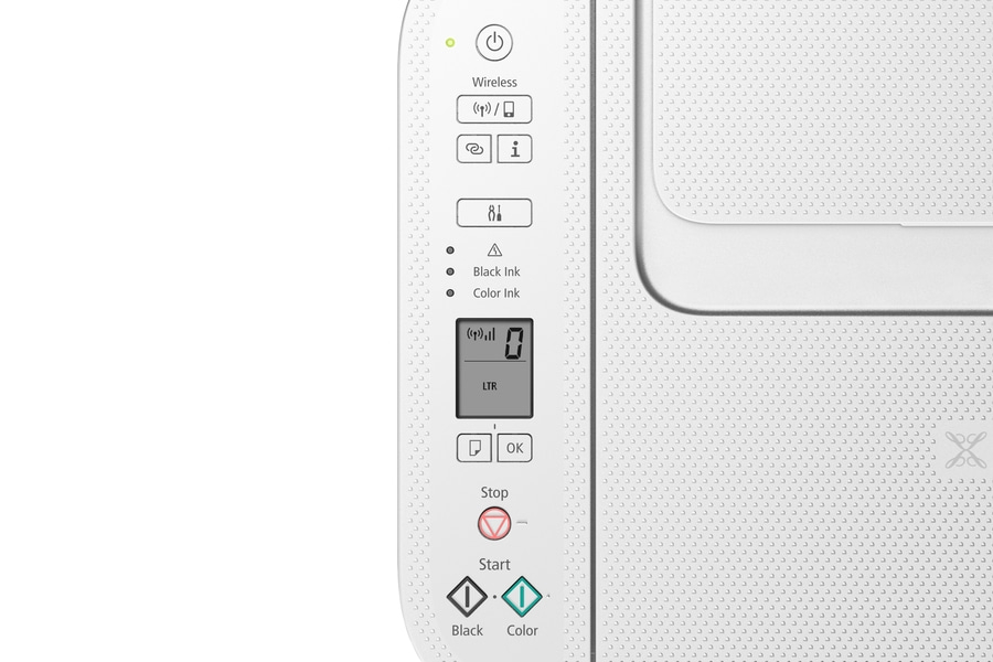 Drucker Bedienfeld mit Tasten und Anzeigen für Wireless, Tintenstand und Druckstart.