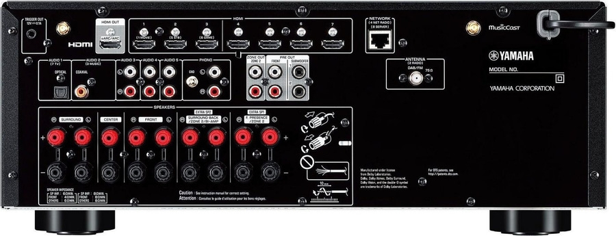 Rückseite eines Yamaha-AV-Receivers mit Anschlüssen für Lautsprecher, HDMI und Netzwerk.