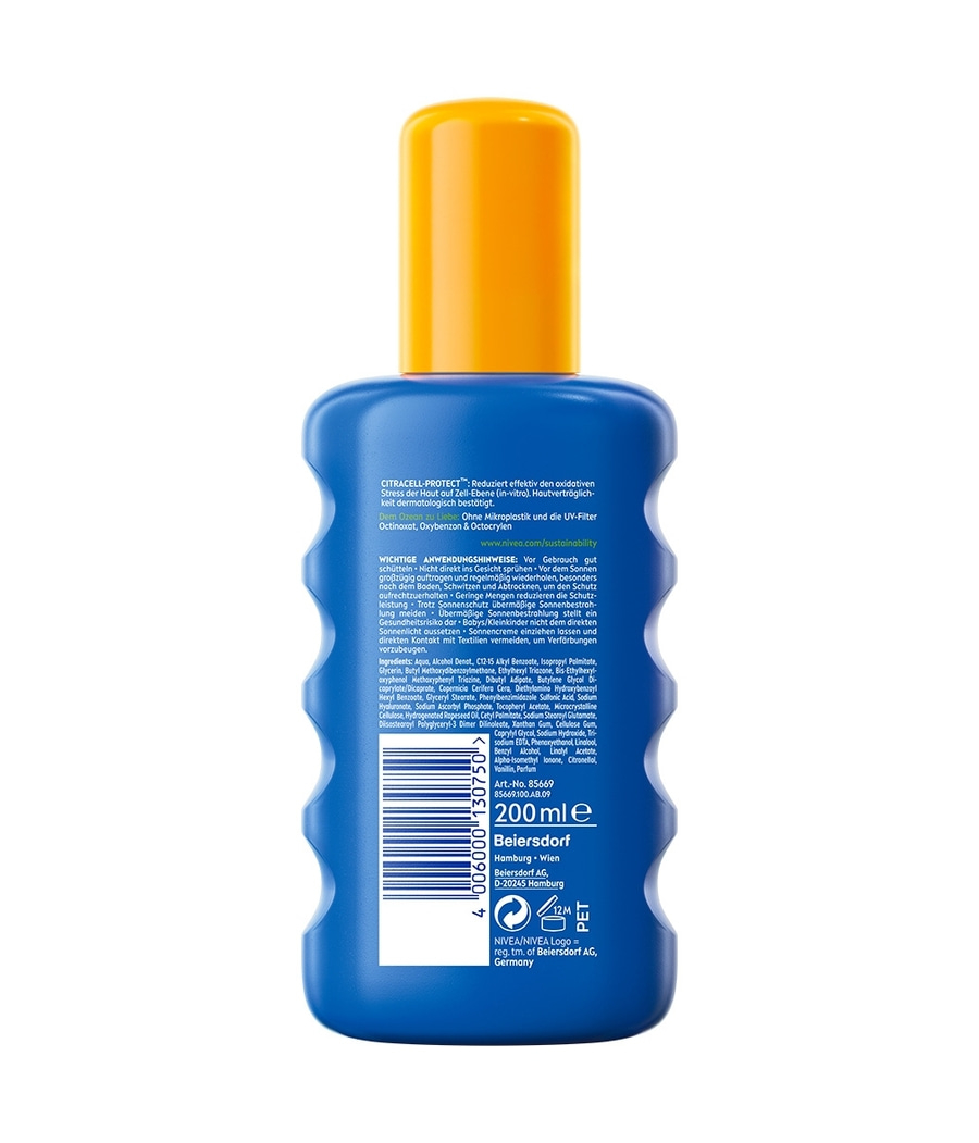 Eine blaue Flasche mit einem orangefarbenen Verschluss