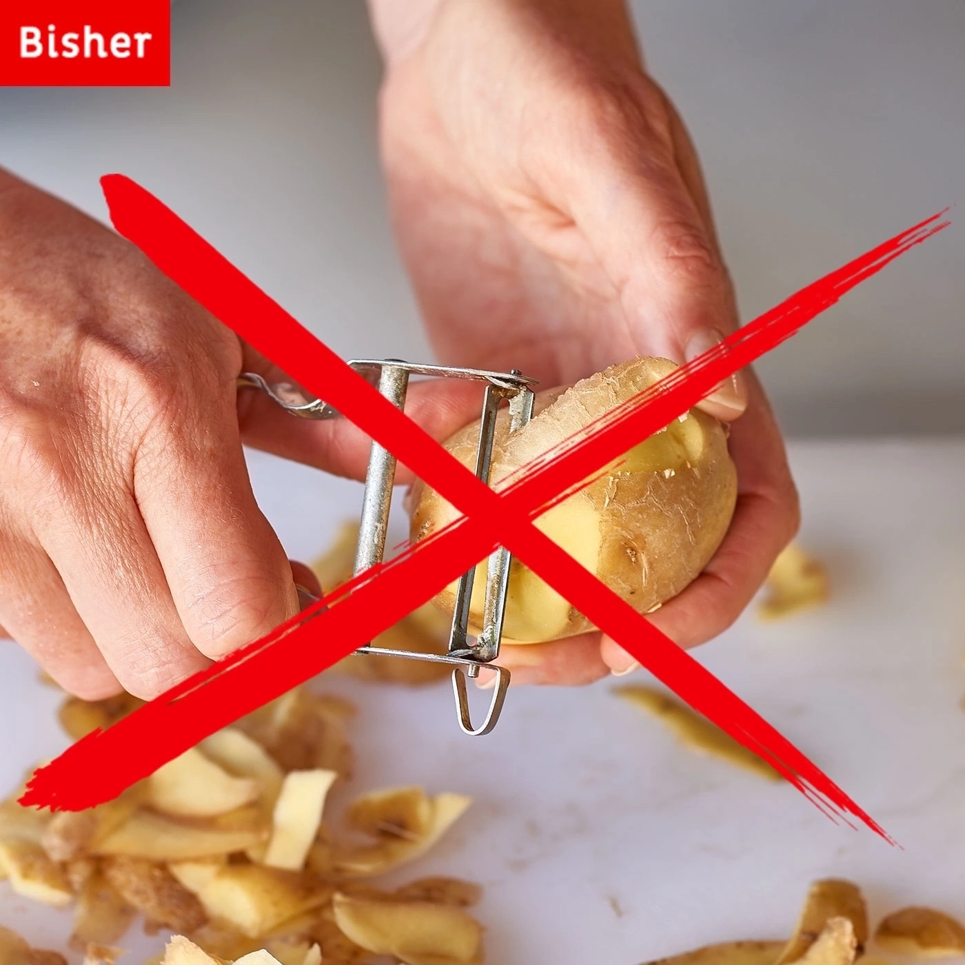 Rotes X über Händen, die Ingwer schälen, mit der Aufschrift 'Bisher'.