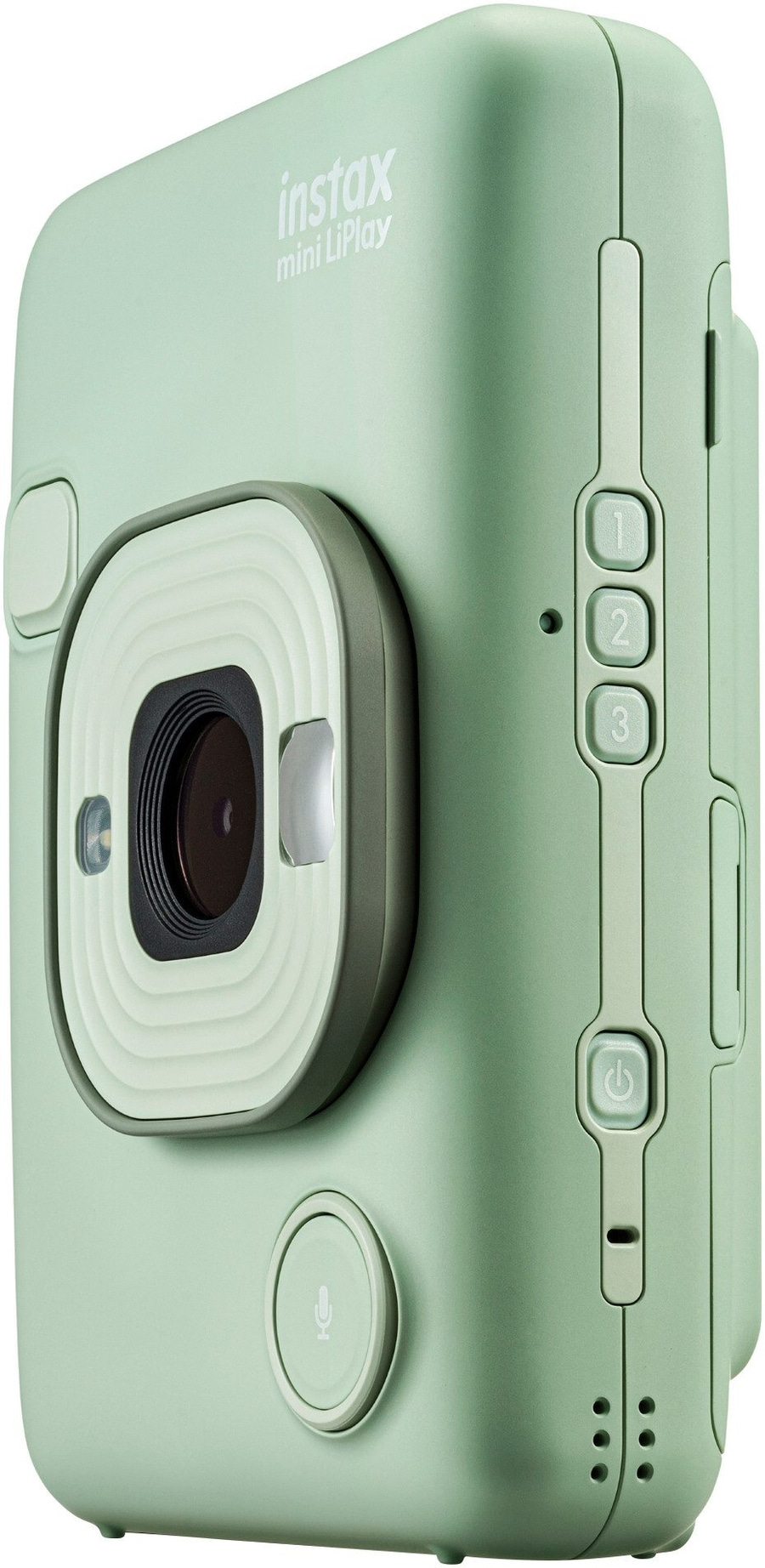 Grüne Instax Mini LiPlay Kamera mit Knöpfen und Mikrofon