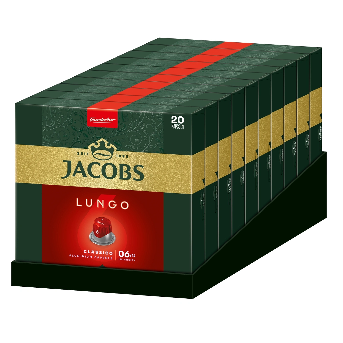 Kaffeekapseln Jacobs Lungo Classico in dunkelgrüner Verpackung mit Goldakzenten
