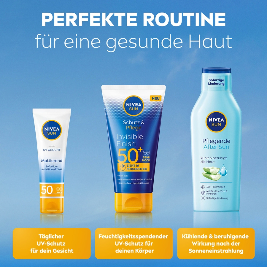 Nivea Sun Produkte für Gesicht und Körper, Sonnenschutz und After Sun Pflege.