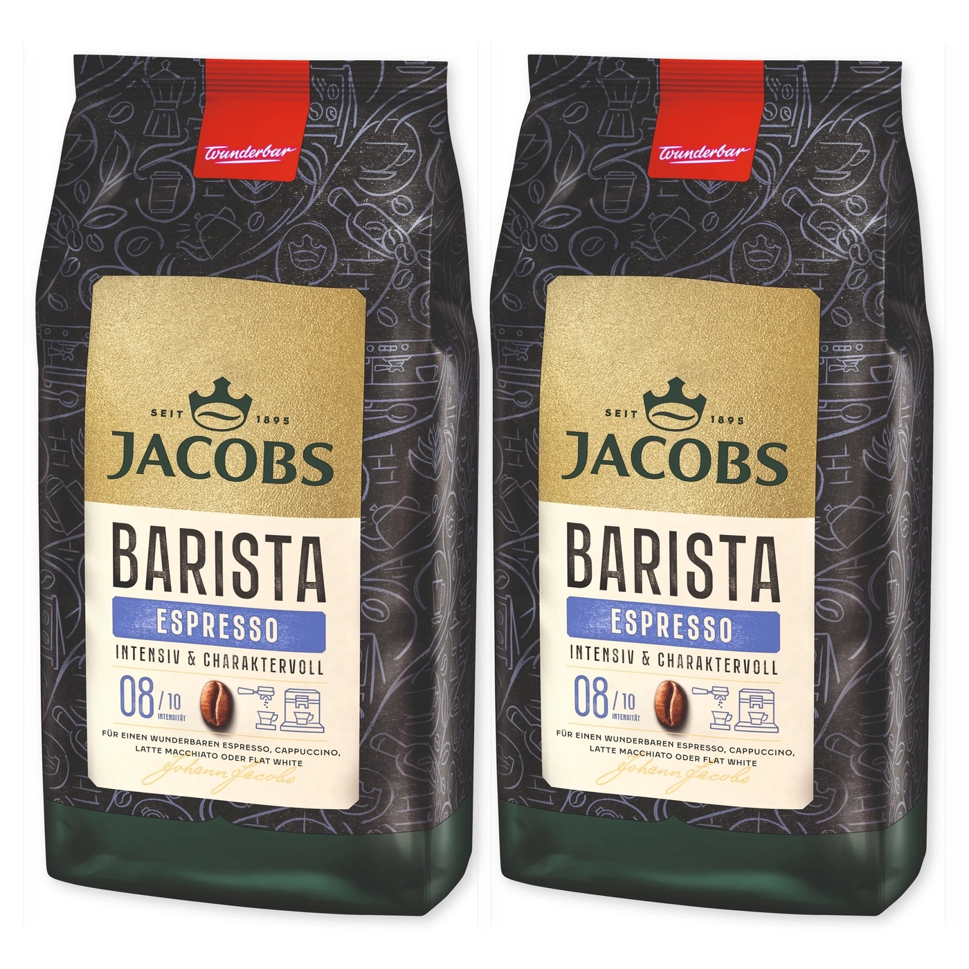 Zwei Packungen Jacobs Barista Espresso Kaffee auf weißem Hintergrund.