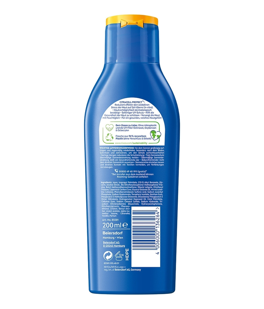 Nivea Sonnencreme Flasche, 200ml, mit CITRACELL-PROTECT, UV-Schutz, Hautpflege, recyceltem Plastik