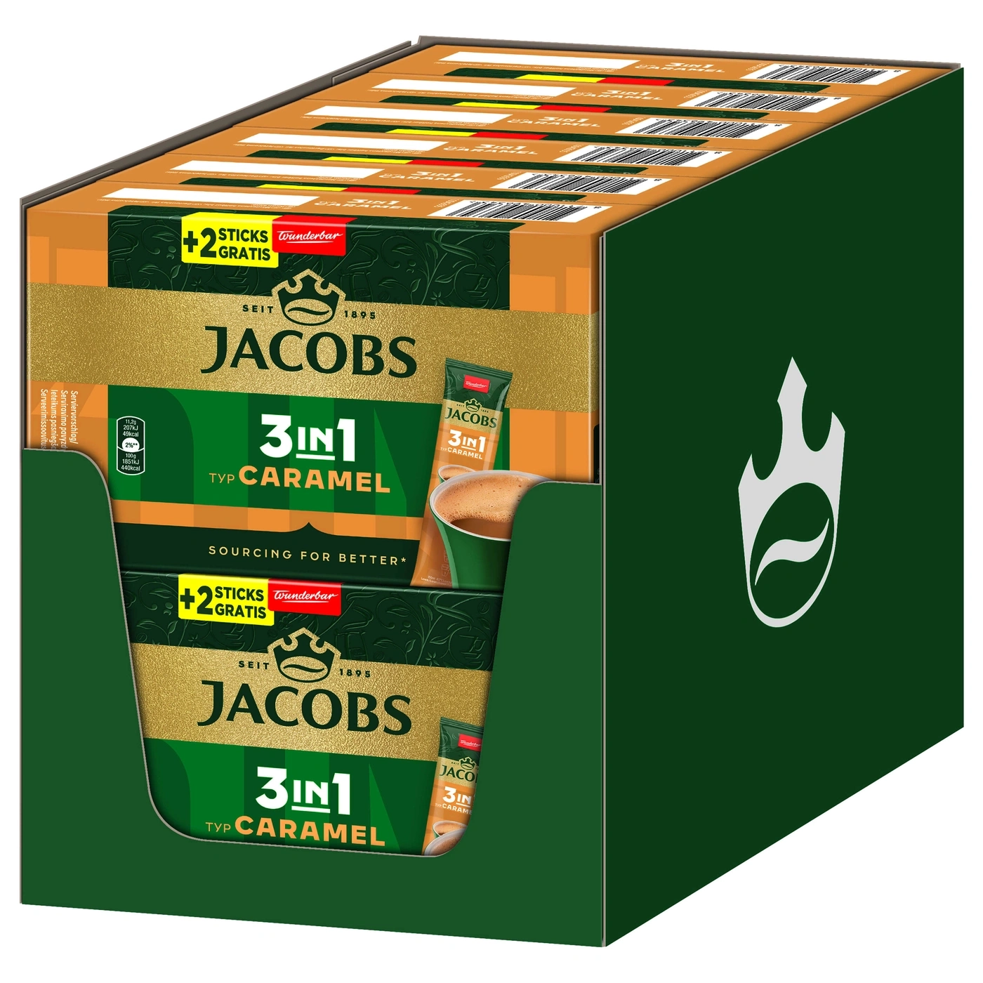 Jacobs 3in1 Caramel Kaffee-Sticks Packung mit Gratis-Sticks und Logo