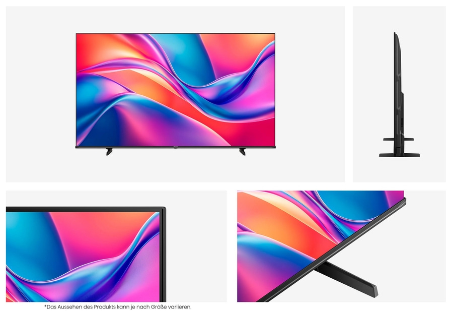 Fernseher mit bunten Farben, Seitenansicht und Detailansichten des Bildschirms und der Halterung