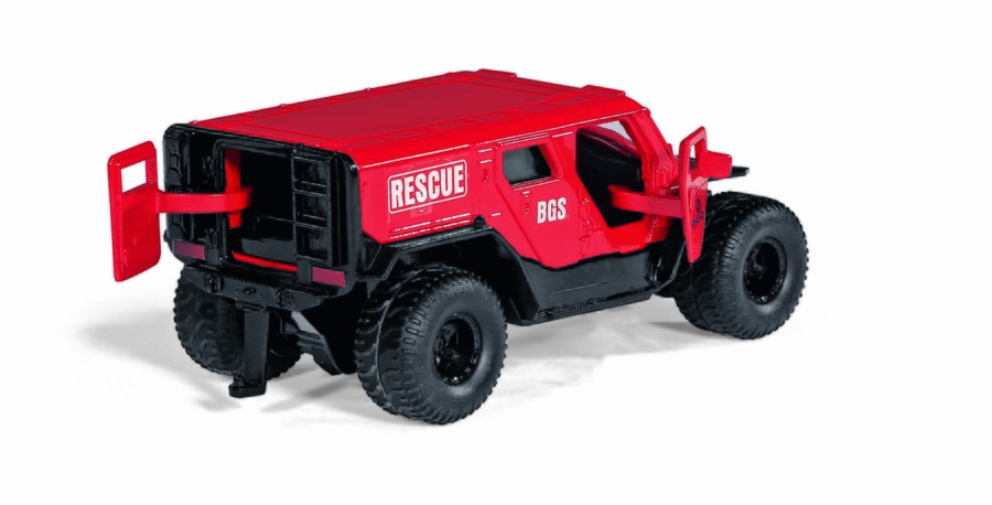 Rotes Spielzeug-Rettungsfahrzeug mit geöffneter Tür und großen Reifen, BGS-Logo.