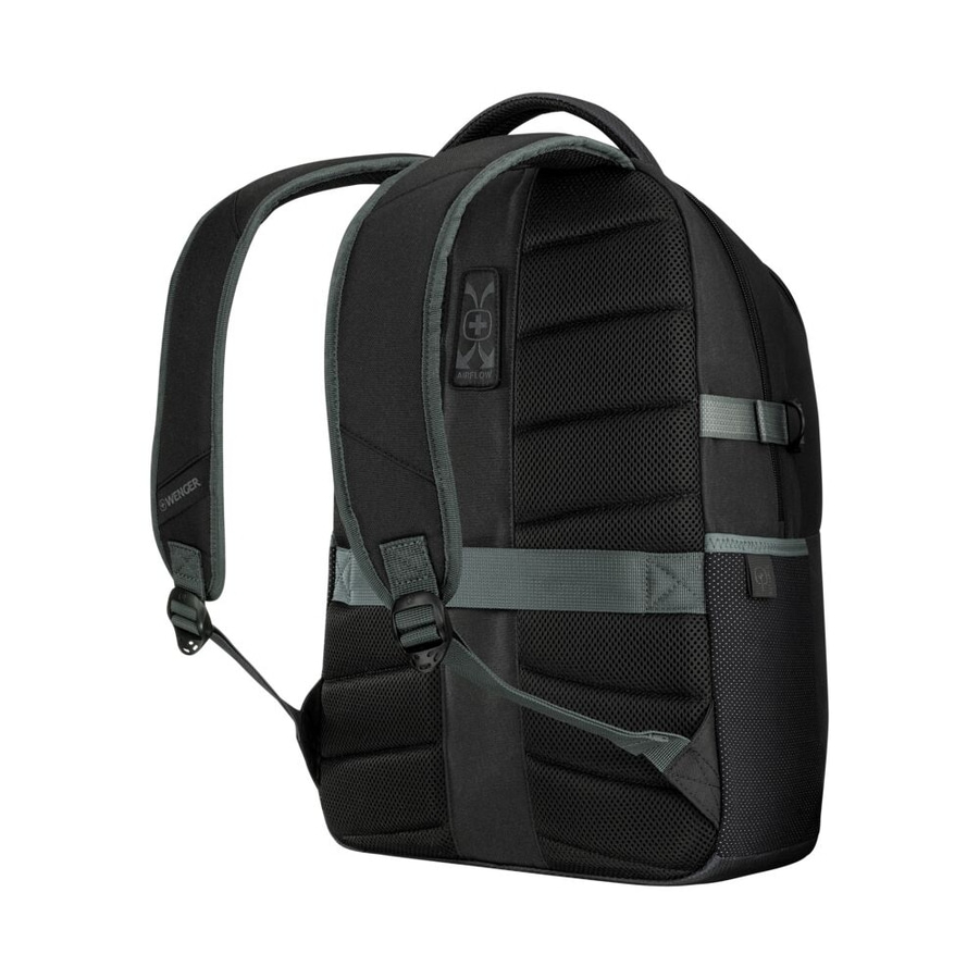 Schwarzer Rucksack mit Airflow-System, Wenger-Logo, grauen Details und Trägern