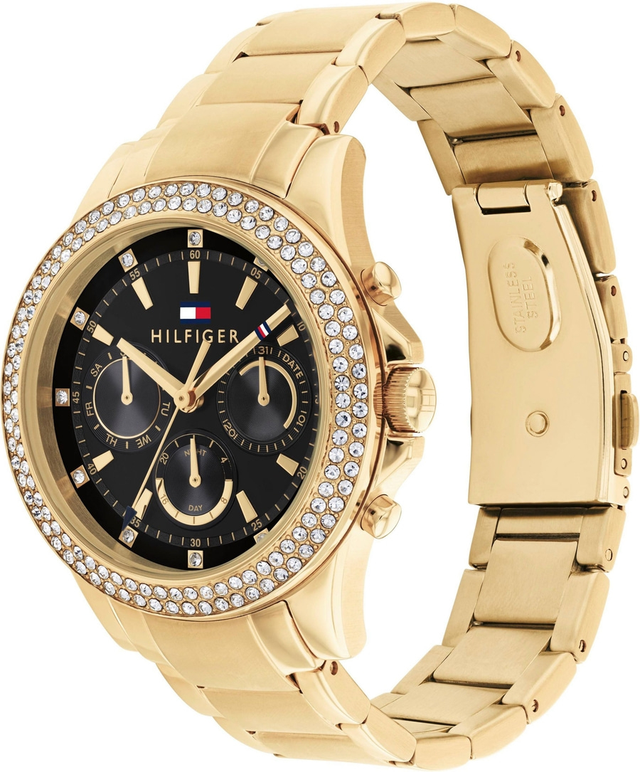 Goldene Tommy Hilfiger Uhr mit schwarzen Zifferblatt und Diamanten, Edelstahl