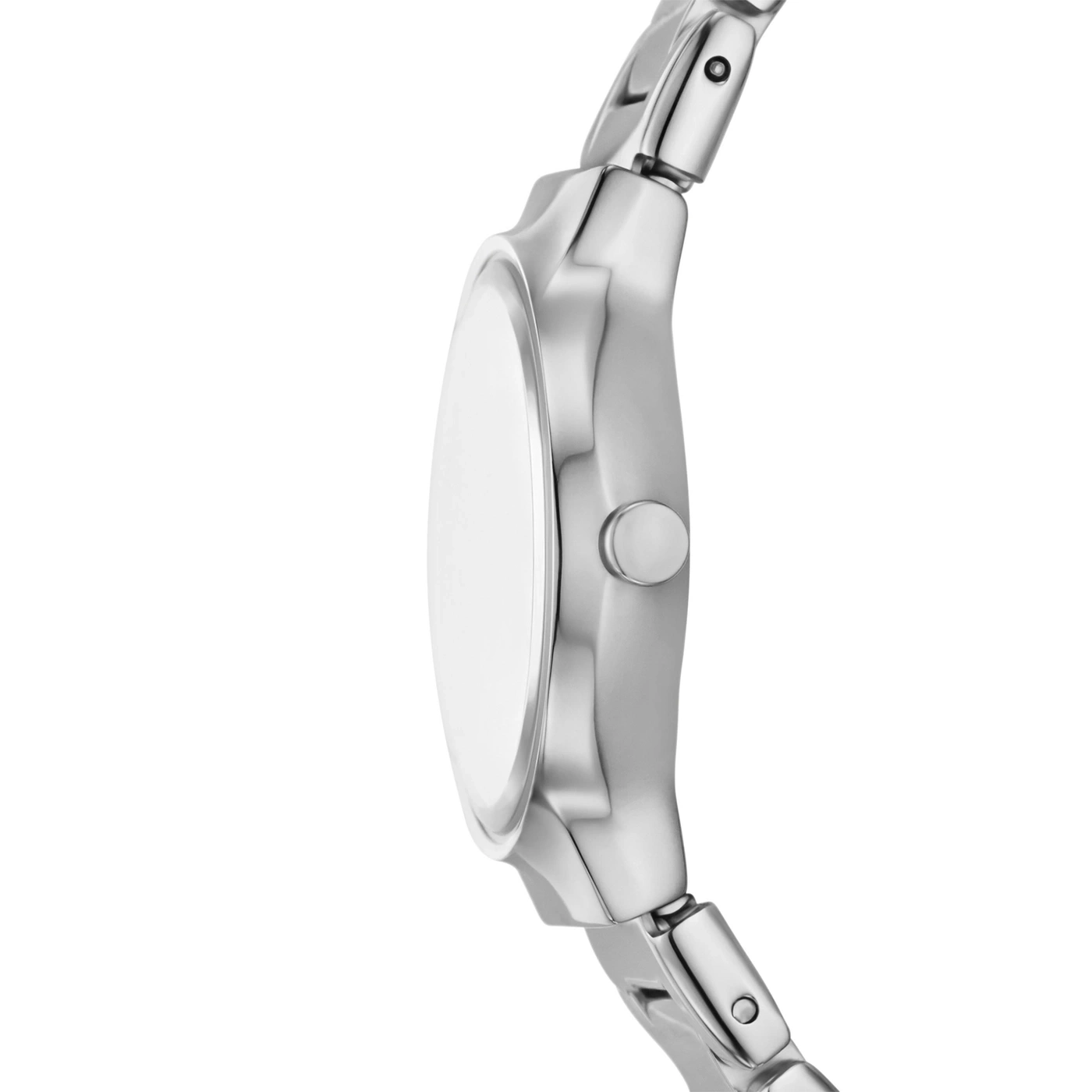 Nahaufnahme einer silbernen Armbanduhr im Profil