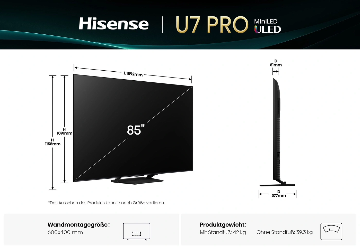 HISENSE 85U7Q PRO Mini LED TV 85 Zoll 4K UHD 165Hz Dolby Vision Smart TV B-WARE