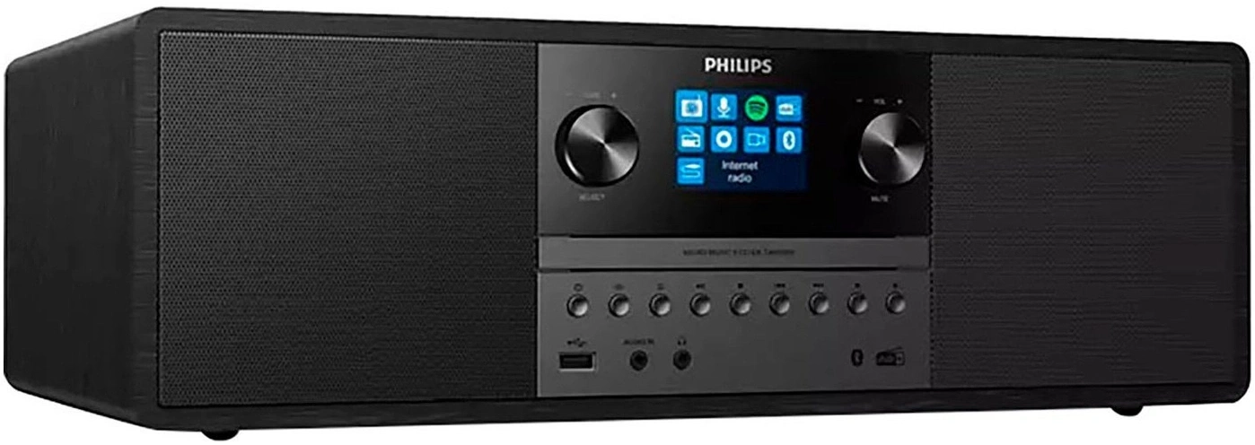 Ein schwarzes Philips Radio mit Digitalanzeige und Lautsprechern.