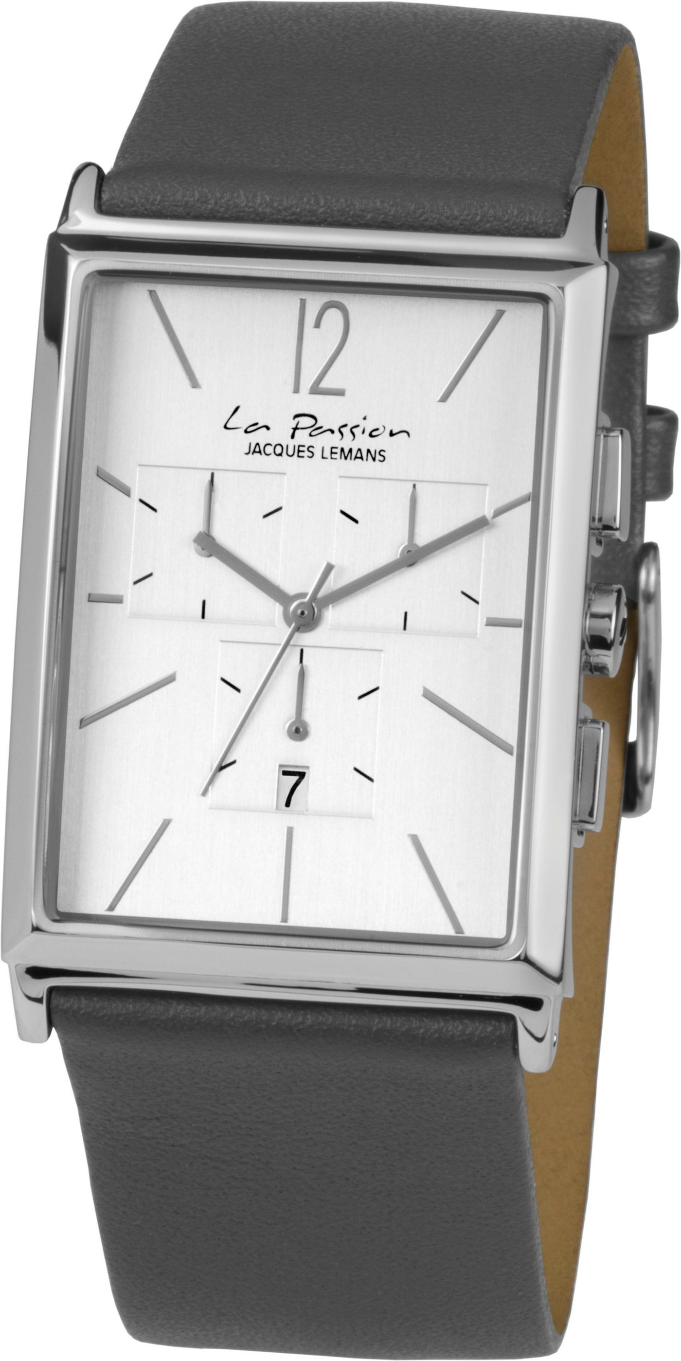 Eine rechteckige weiße Herrenarmbanduhr mit silbernem Gehäuse und schwarzem Lederarmband. Die Uhr hat silberne Zeiger und römische Ziffern. Ein kleines Zifferblatt zeigt die Zahl 7.