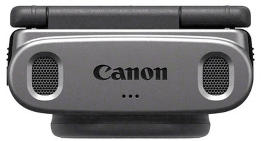 Graues Canon-Mikrofon mit zwei Mikrofonen und drei Punkten unter dem Logo.